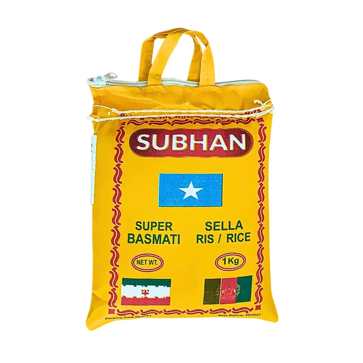 Gul påse med Subhan Super Basmati Sella ris 1kg, blå stjärna och handtag