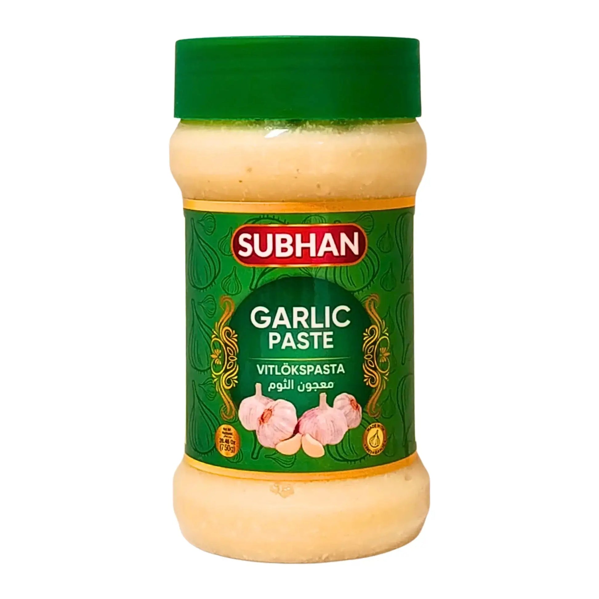 Burk med Subhan vitlökspasta, grön etikett, illustration av vitlök på framsidan.