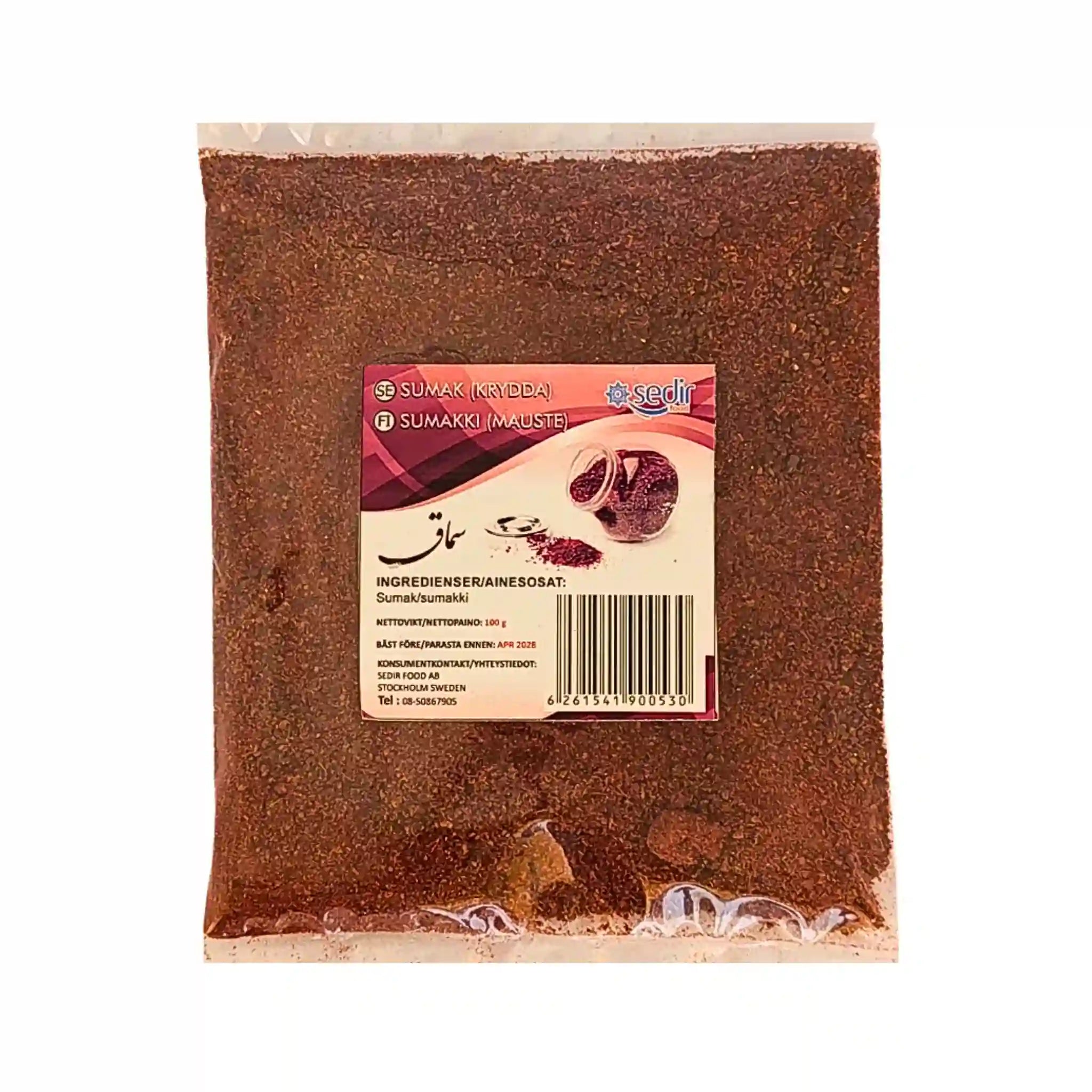 Sumak krydda 100g i genomskinlig plastförpackning med etikett, orientaliskt livsmedel