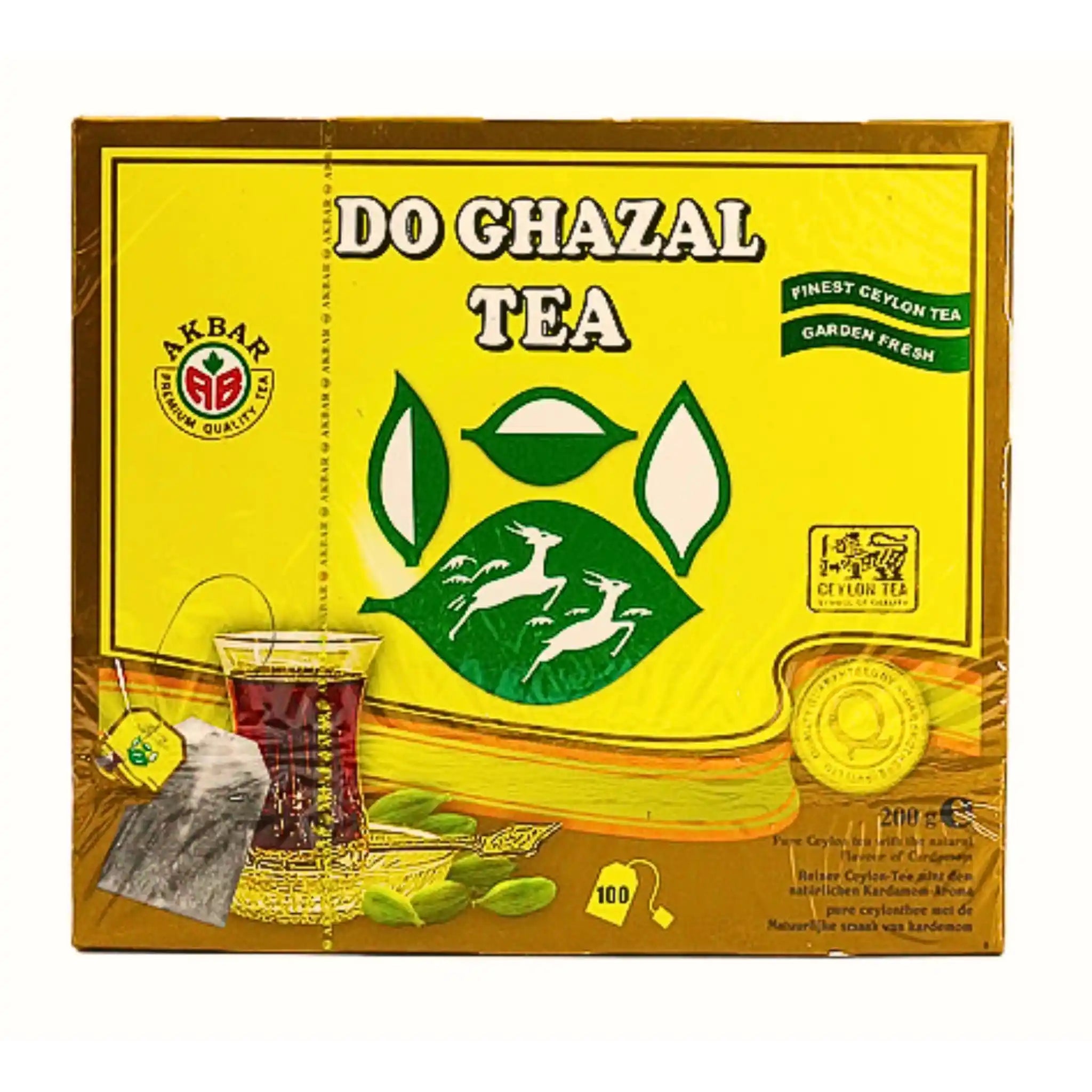 Do Ghazal teförpackning, kardemummasmak, 100 tepåsar, gul kartong med teglas och kardemummakapslar.