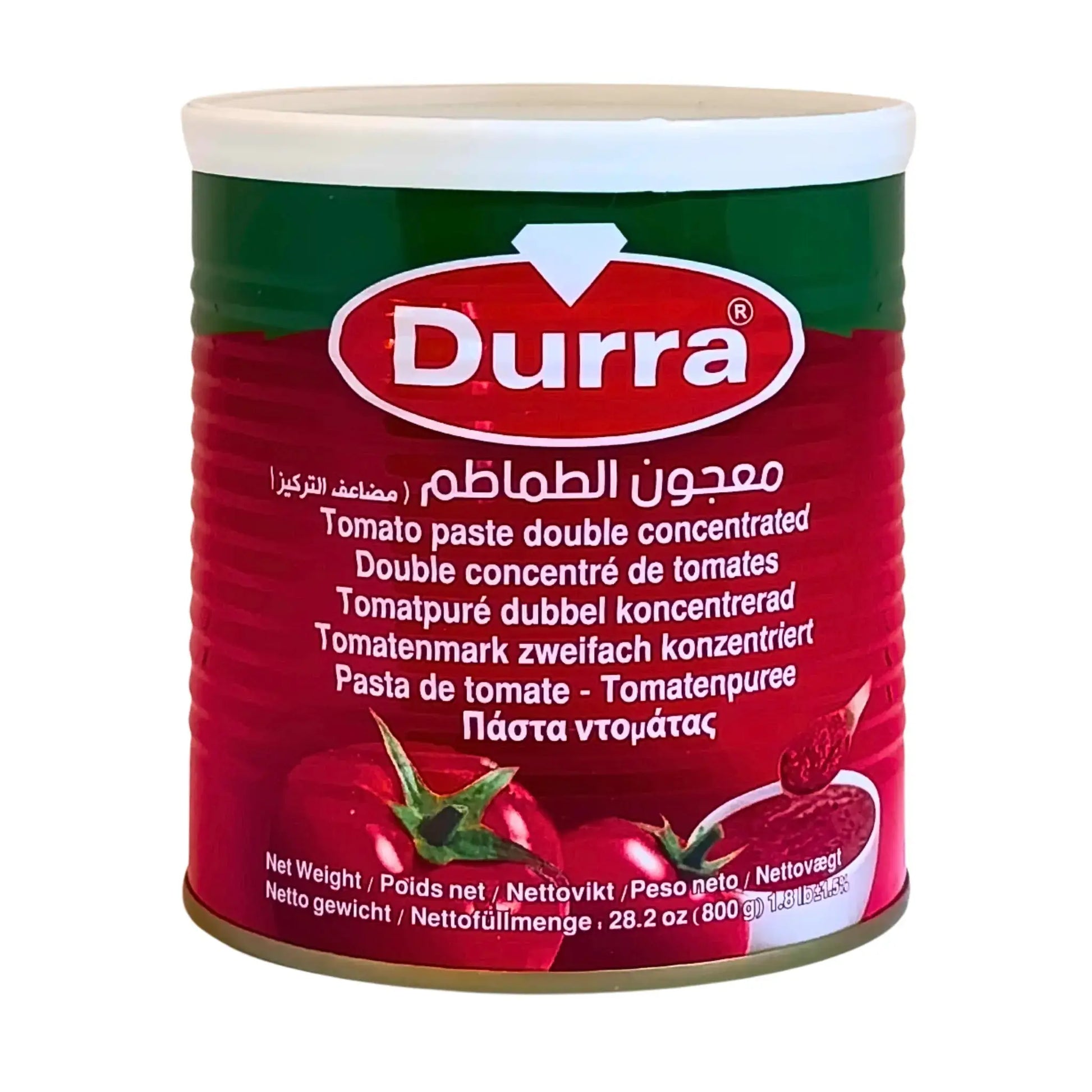 Durra tomatpuré dubbelkoncentrerad 800g burk med röda tomater på förpackningen