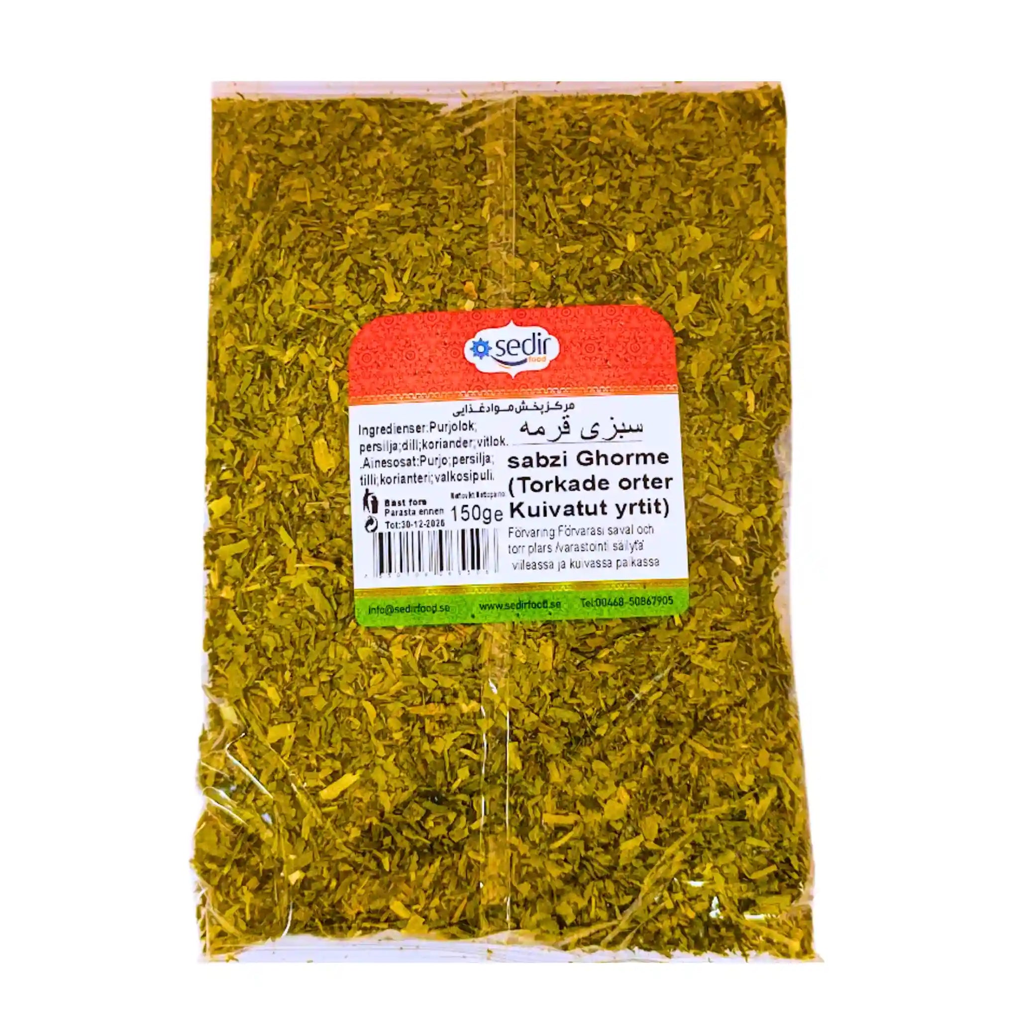 Påse med torkade örter för ghorme sabzi, 150g, synliga ingredienser på etiketten.