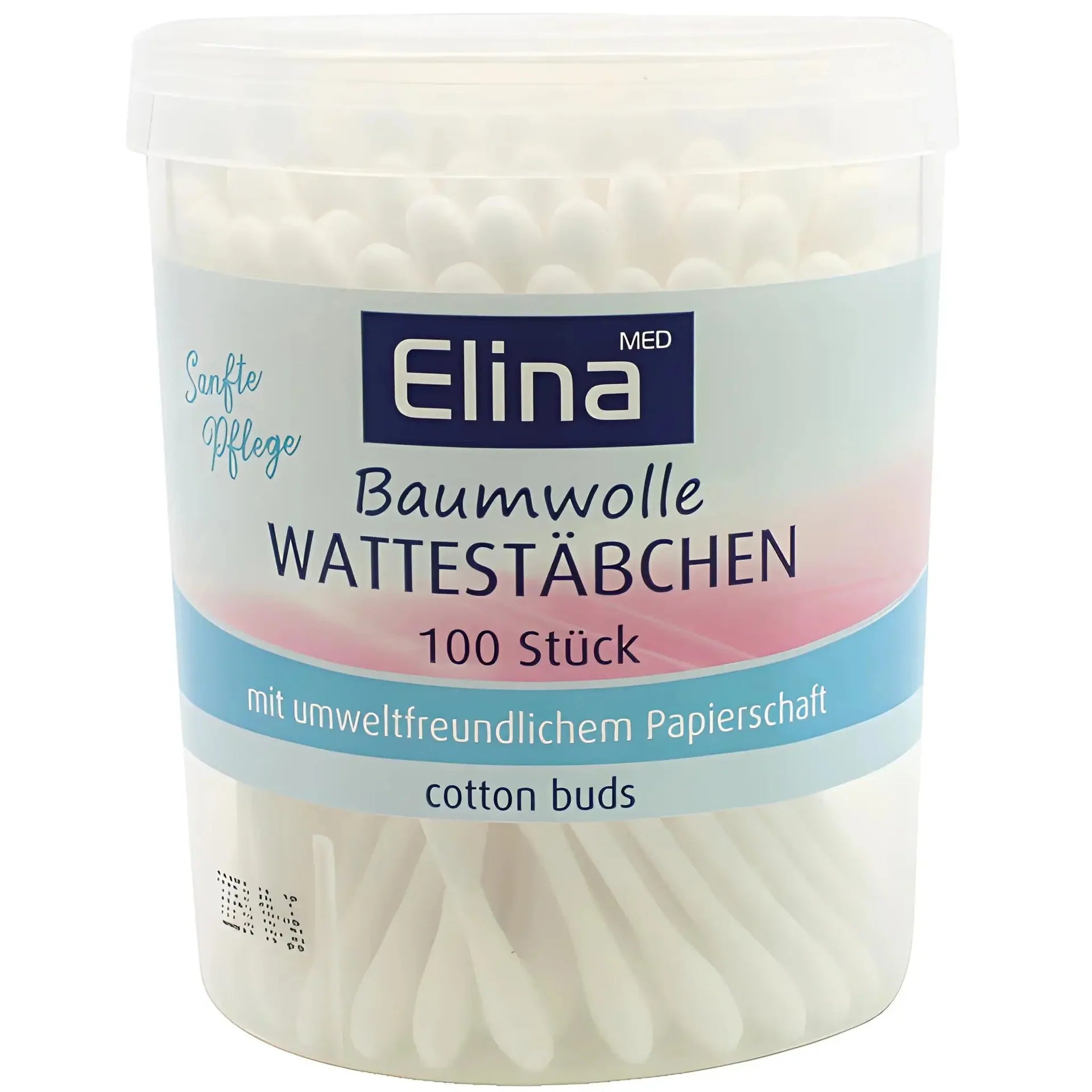 Elina bomullspinnar 100-pack i plastburk, miljövänliga papperspinnar, hygienprodukt.